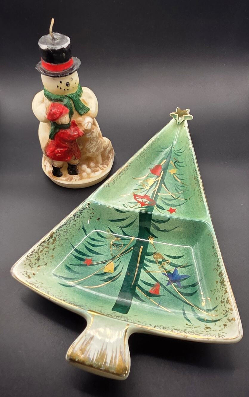 Holt Howard Vintage Christmas Tree Nut Candy Serving Dish Some Flaws & Candle